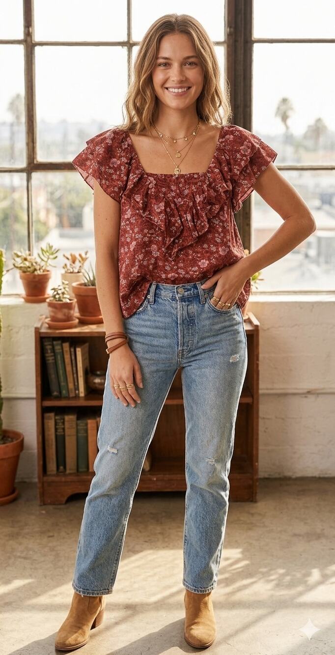 THE GREAT Floral Peasant Blouse Size 2 Red Ruffle Cotton Cottagecore Shirt 2 M/L